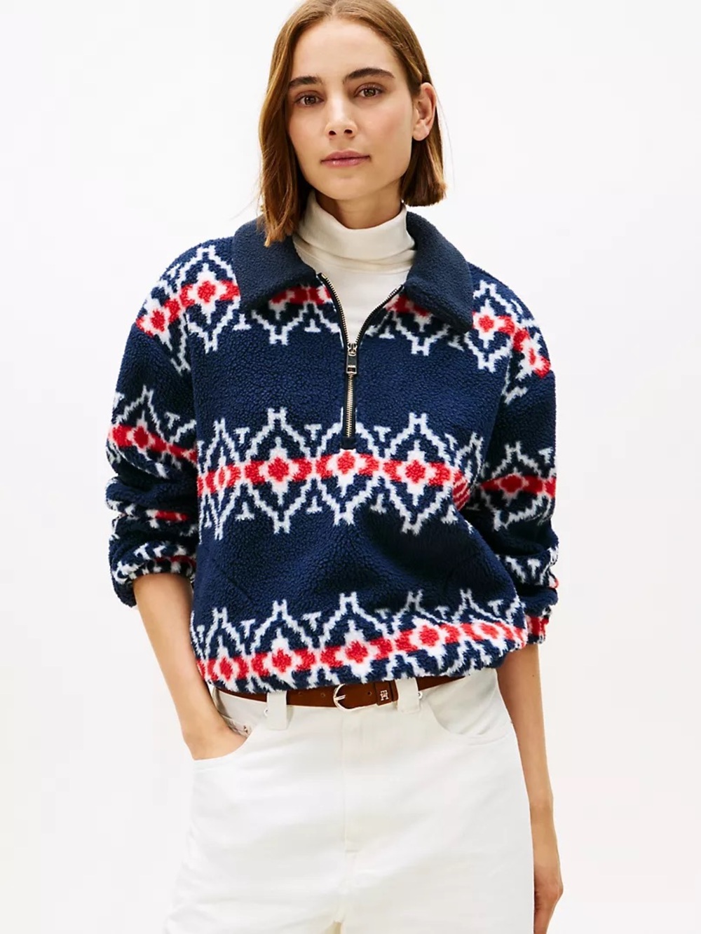Tommy Hilfiger Navy Sherpa Half-Zip with Red & White Fair Isle